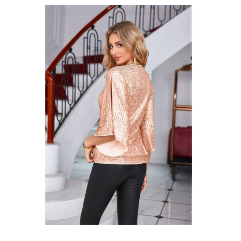 Grace Karin Rose Gold Sequin V Neck Top Split Bell Sleeves Party Blouse Size Sm - Picture 2 of 6